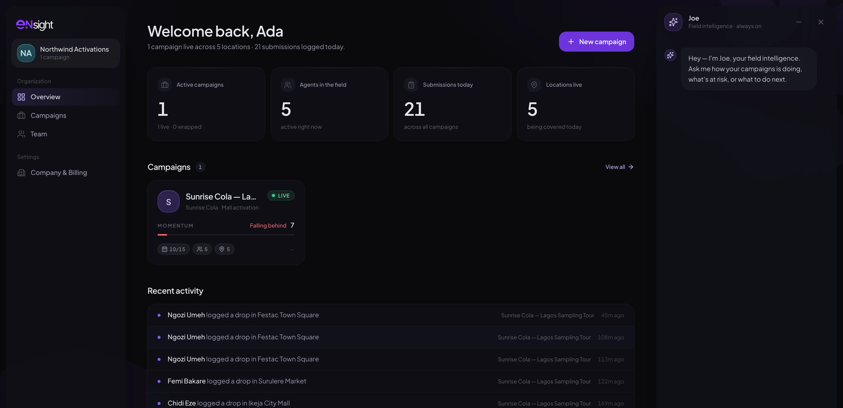 eNsight overview — a real campaign's live field data